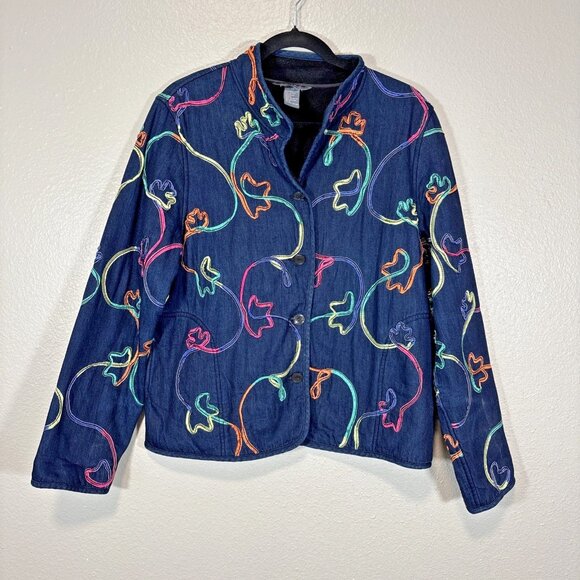 Koret Women’s Denim Jacket Fleece Lined Colorful Embroidered Stitched Size PL - Picture 1 of 8